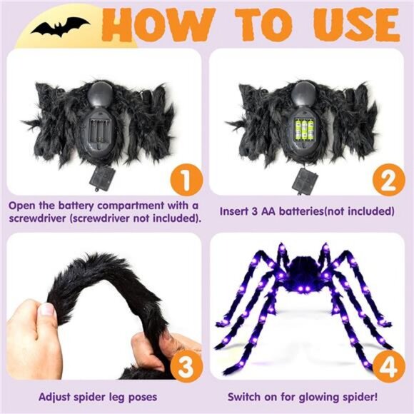Halloween Outdoor Decorations Light-Up Giant Spider, 5 Ft Large Black - Picture 5 of 8